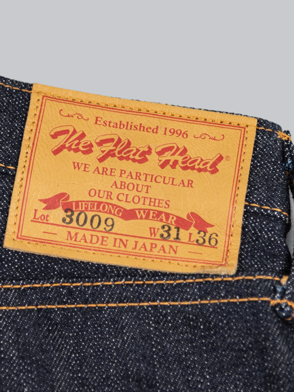 The Flat Head 3009 14.5oz straight tapered Jeans deerskin leather patch