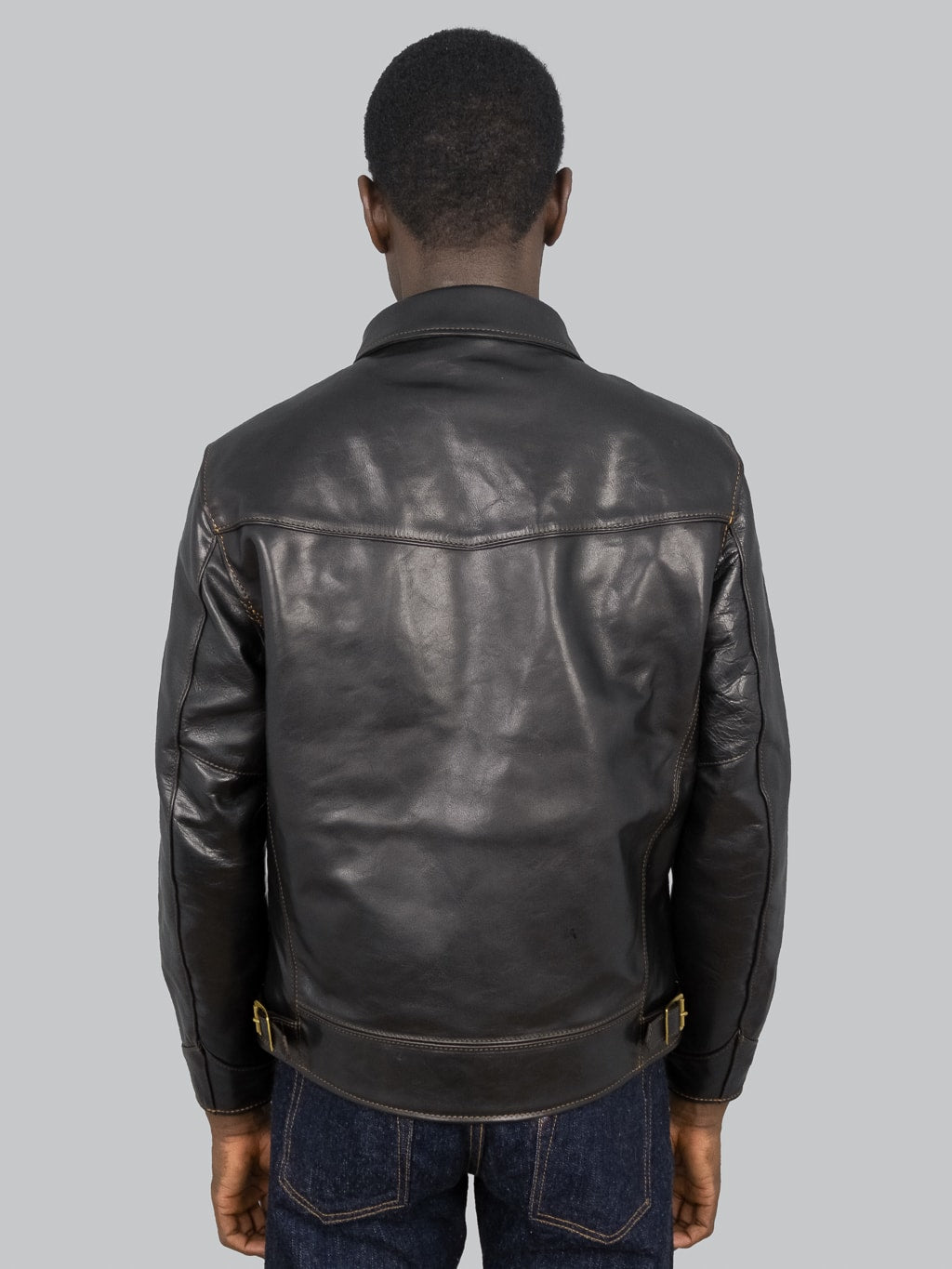 The Flat Head Horsehide Single Riders Jacket Black model back fit