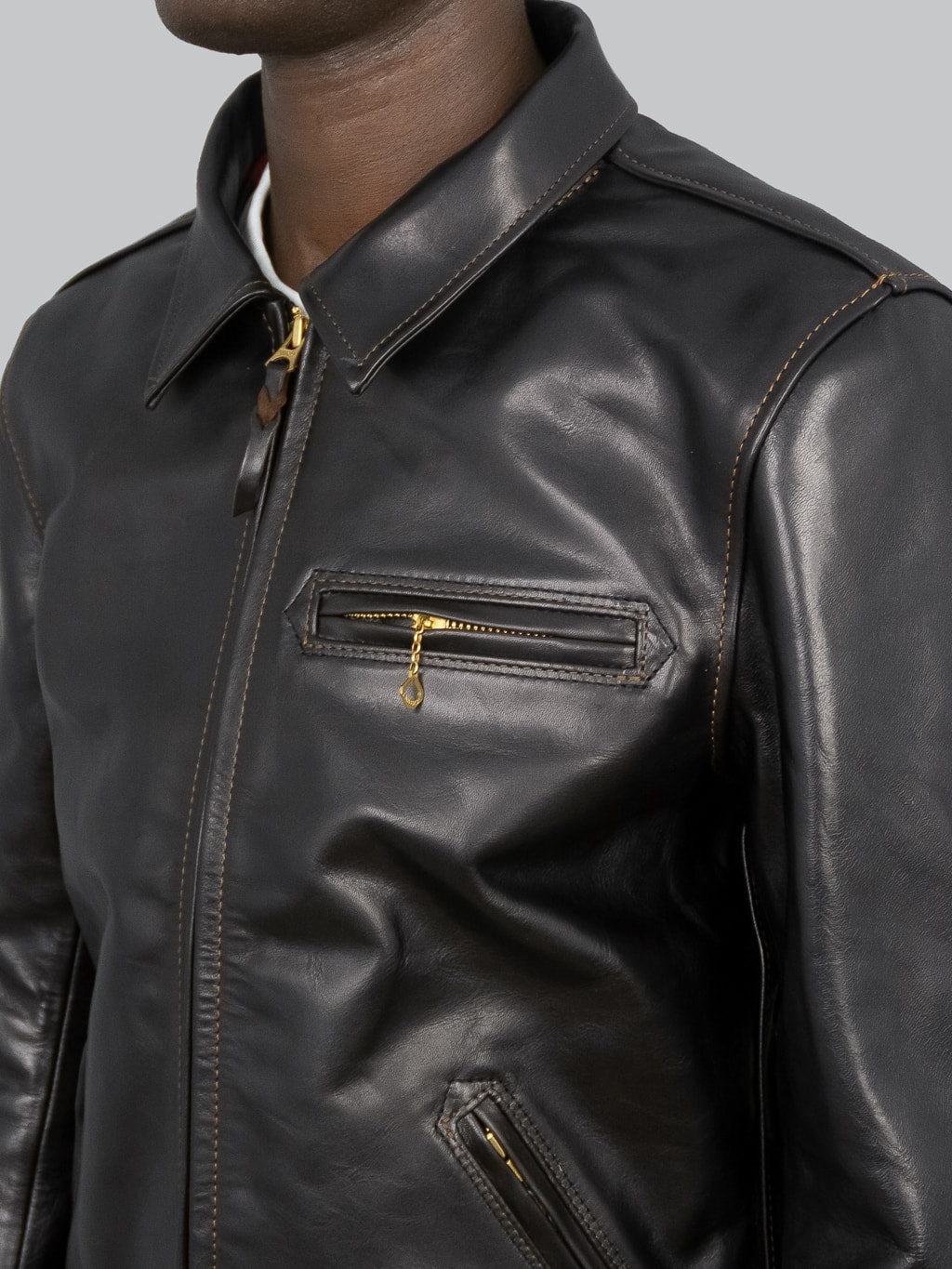 The Flat Head Horsehide Single Riders Jacket Black chest pocket