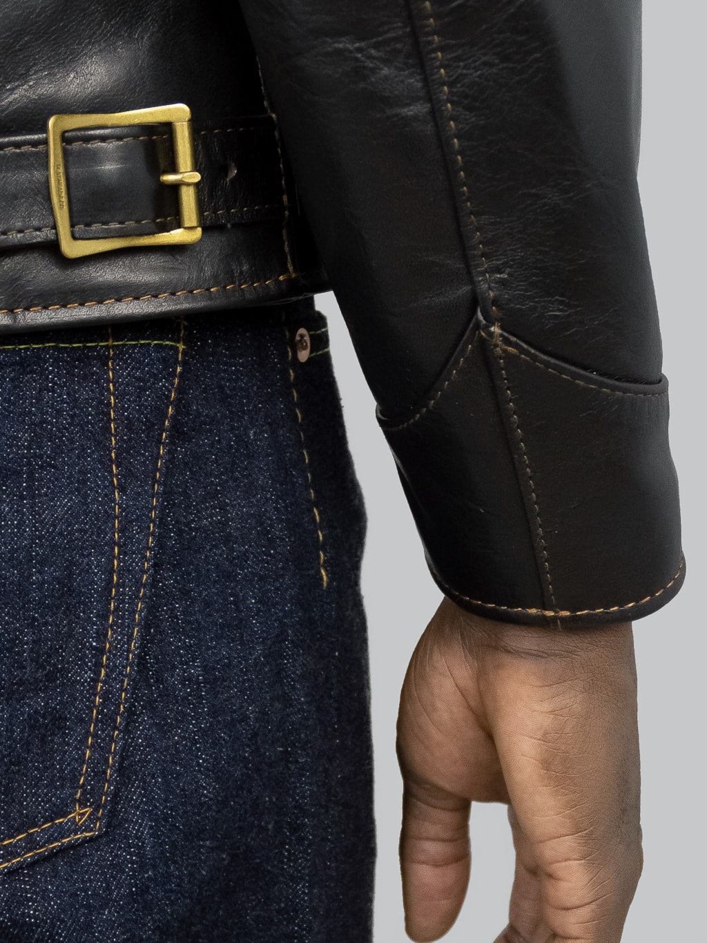 The Flat Head Horsehide Single Riders Jacket Black cuff
