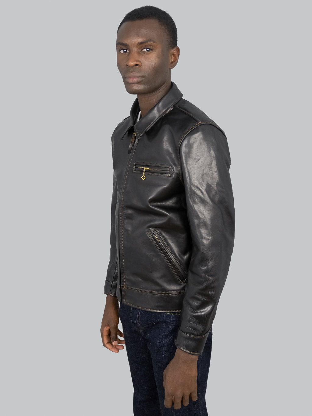 The Flat Head Horsehide Single Riders Jacket Black model side fit