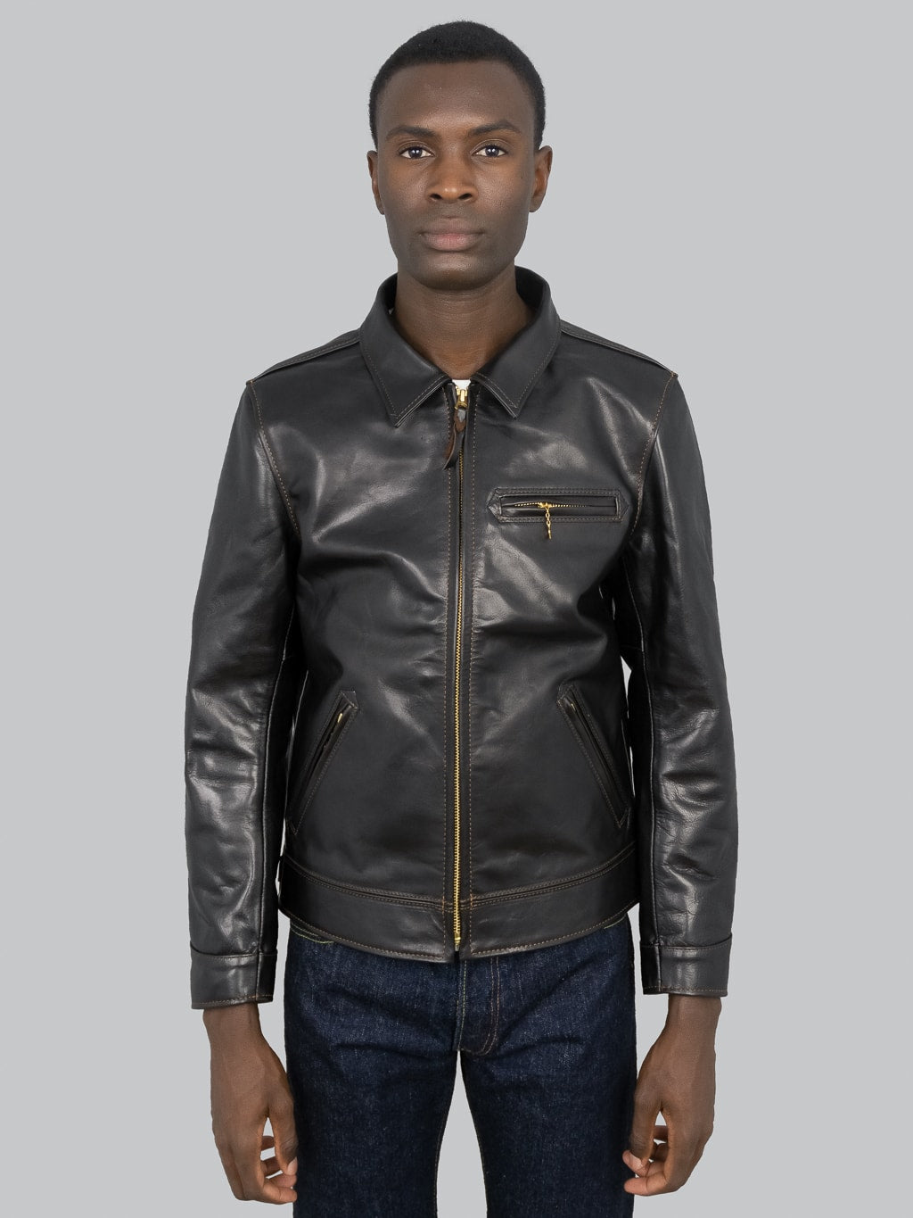 The Flat Head Horsehide Single Riders Jacket Black slim fit