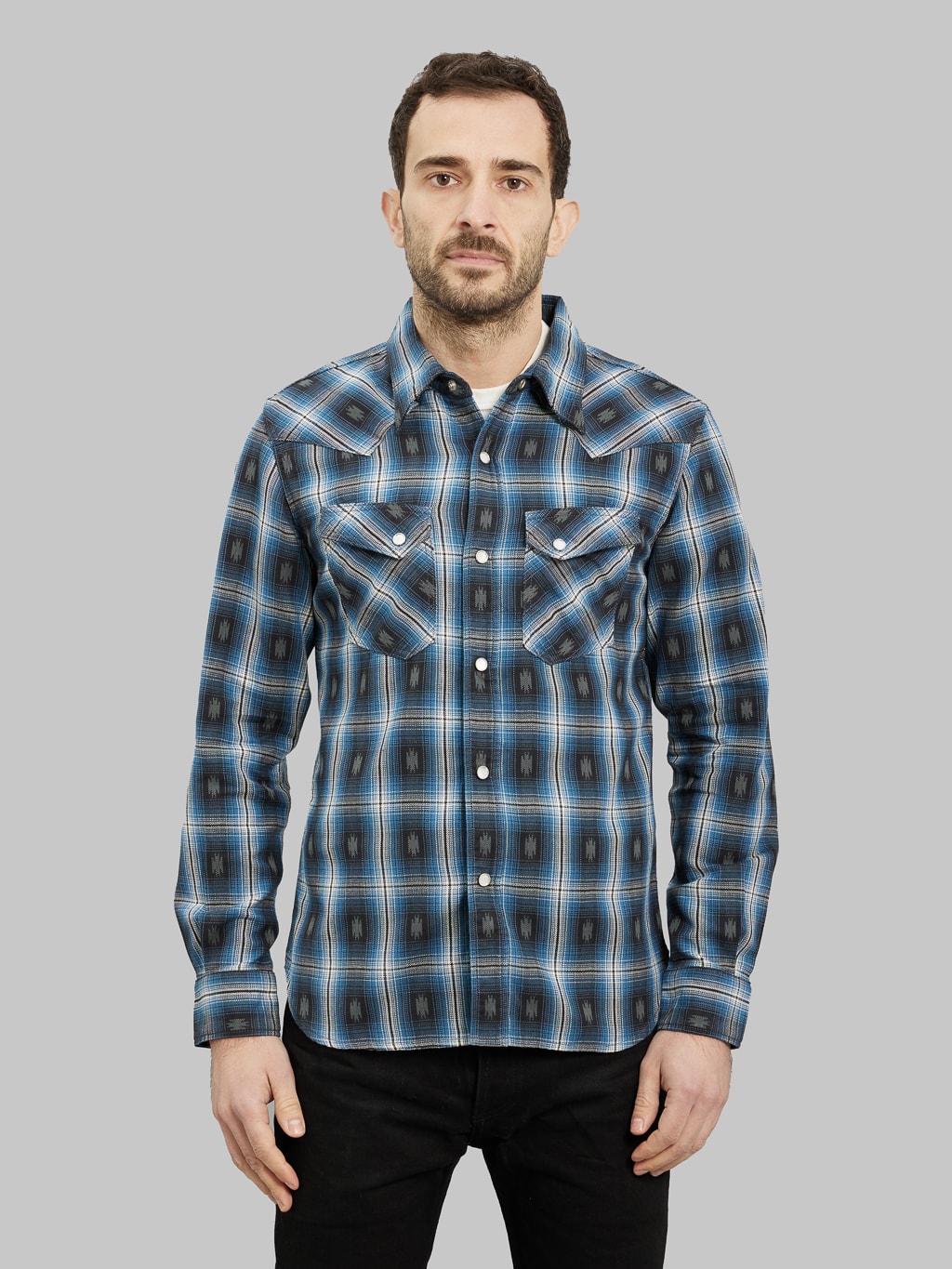 The Flat Head Native Check Western Shirt blue model front fit