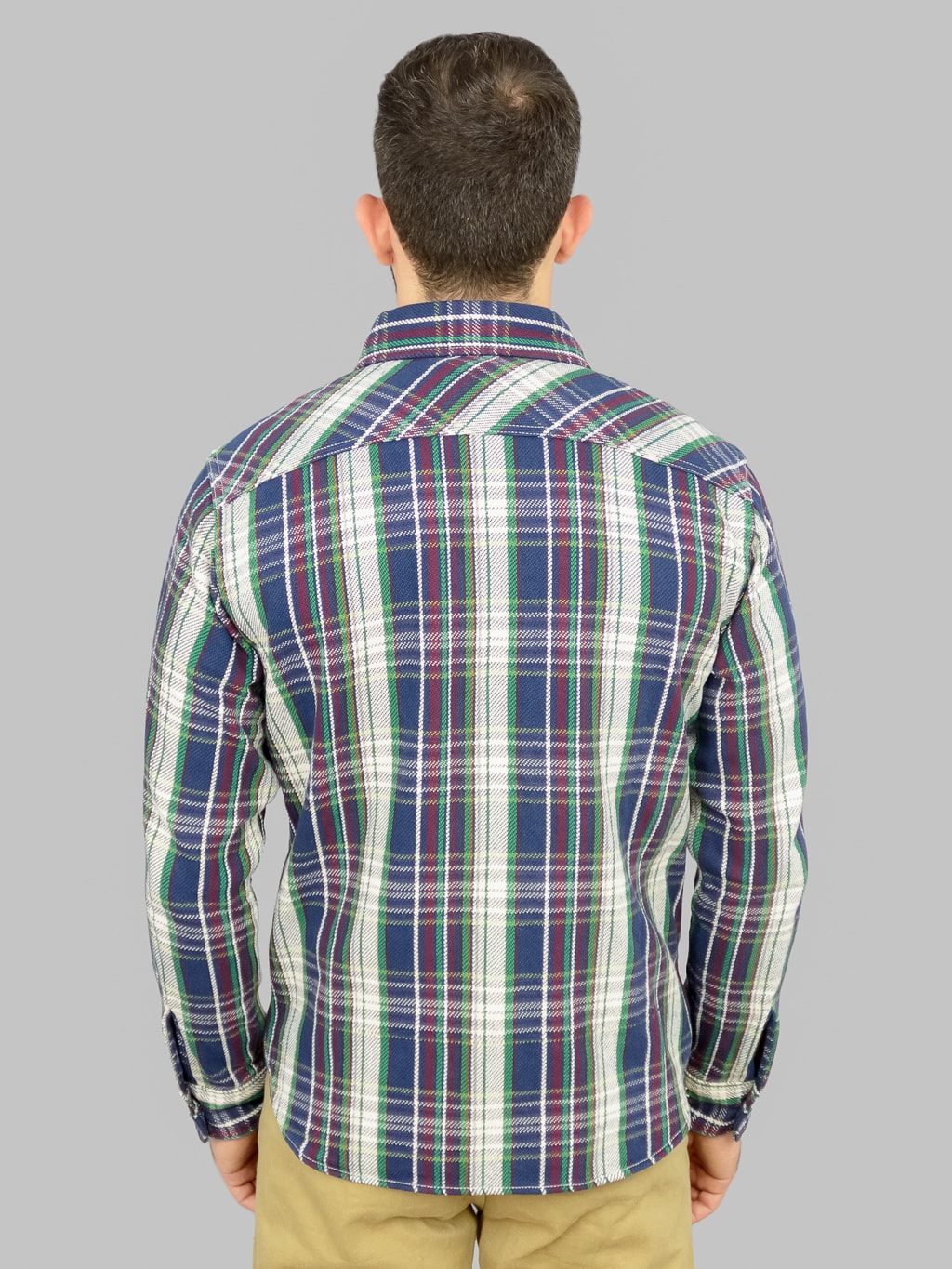 UES Heavy Flannel Shirt navy green back model fit