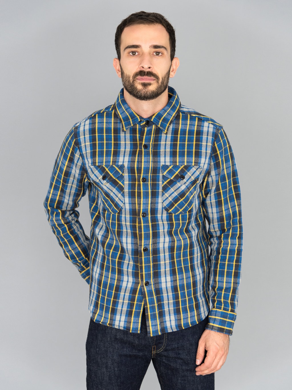 UES Heavy selvedge Flannel Shirt Blue model front fit