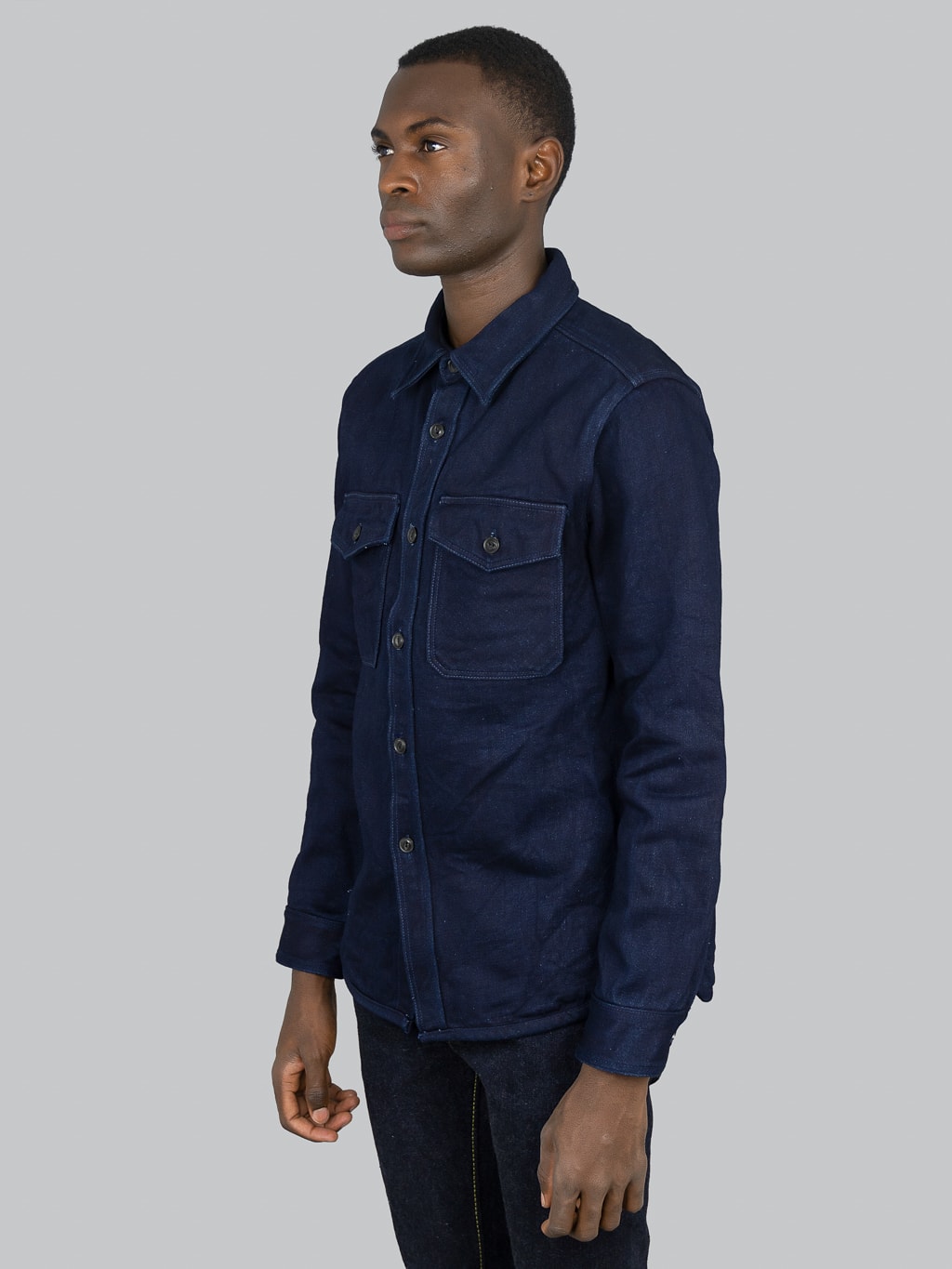 UES Indigo Extra Heavy Indigo Tricotine Shirt model side fit
