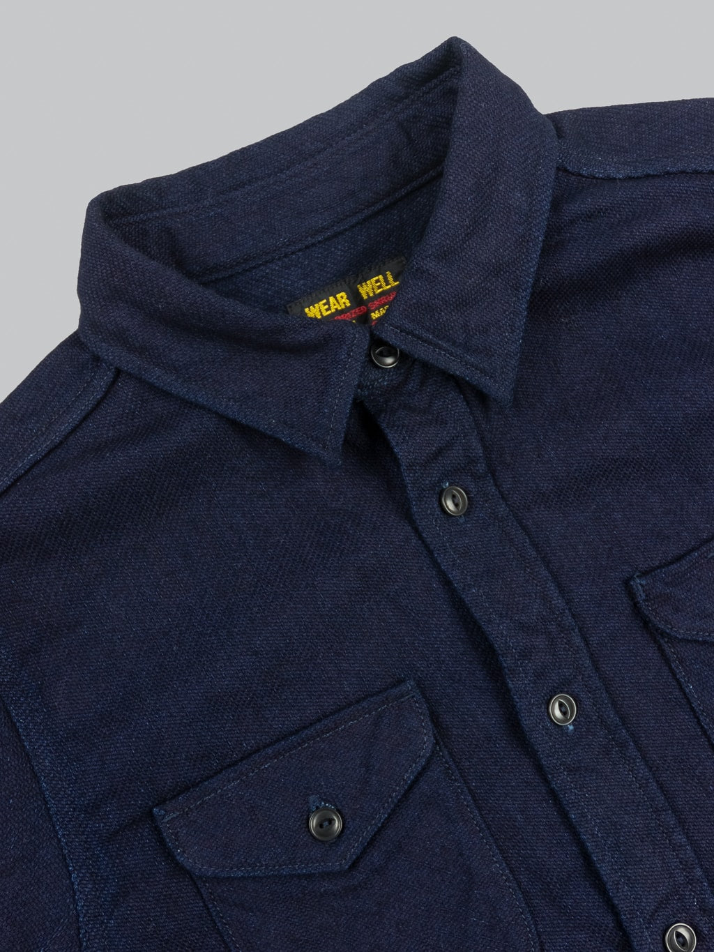 UES Indigo Heavy Selvedge Flannel Shirt collar buttoned