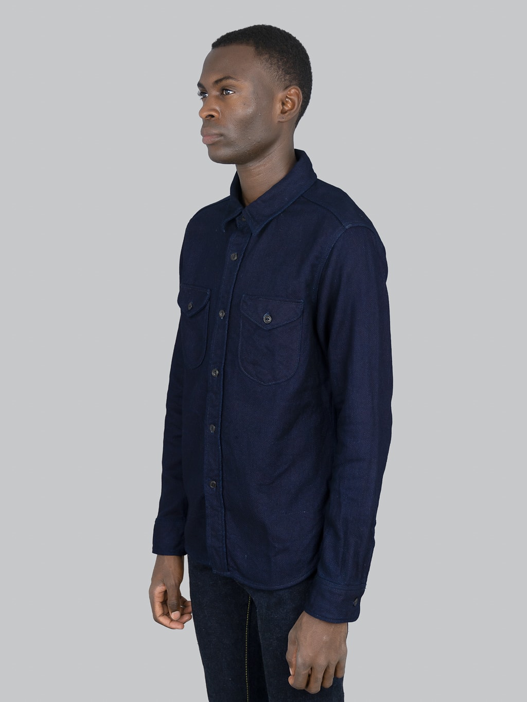 UES Indigo Heavy Selvedge Flannel Shirt model side fit