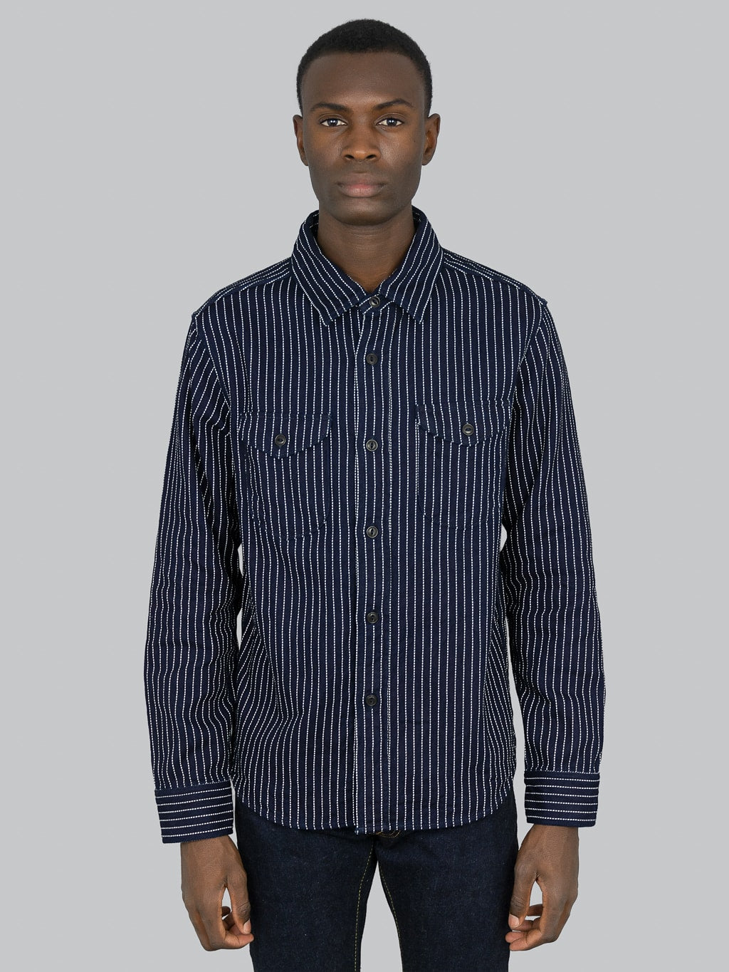 UES indigo stripe heavy flannel shirt model front fit