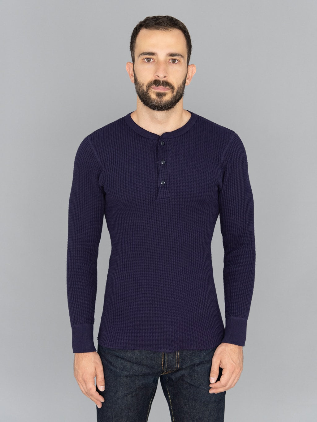 UES Thermal Waffle Long Sleeve Henley Navy model front fit