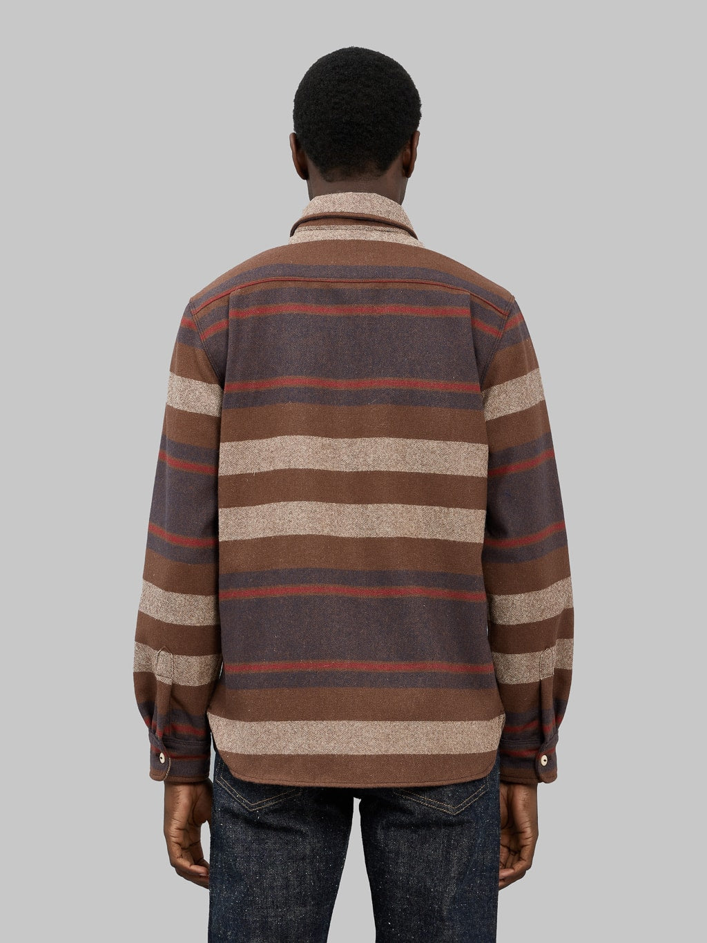 freenote cloth benson brown stripe classic wool overshirt model back fit