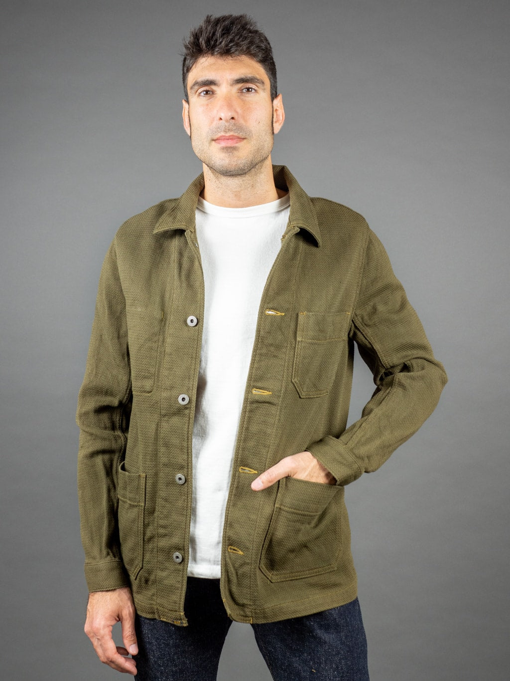 ONI Denim 03100-OLVDR Sashiko Dobby Coverall Jacket Olive Drab