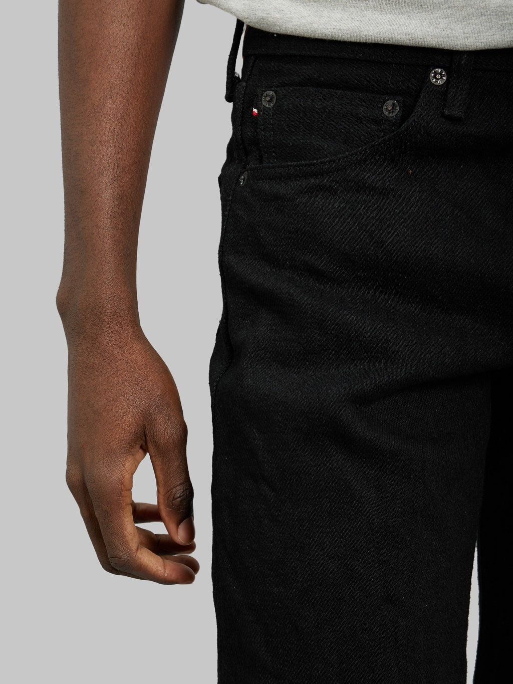 oni denim 246zr bkbk 20oz secret black denim neat straight fabric closeup