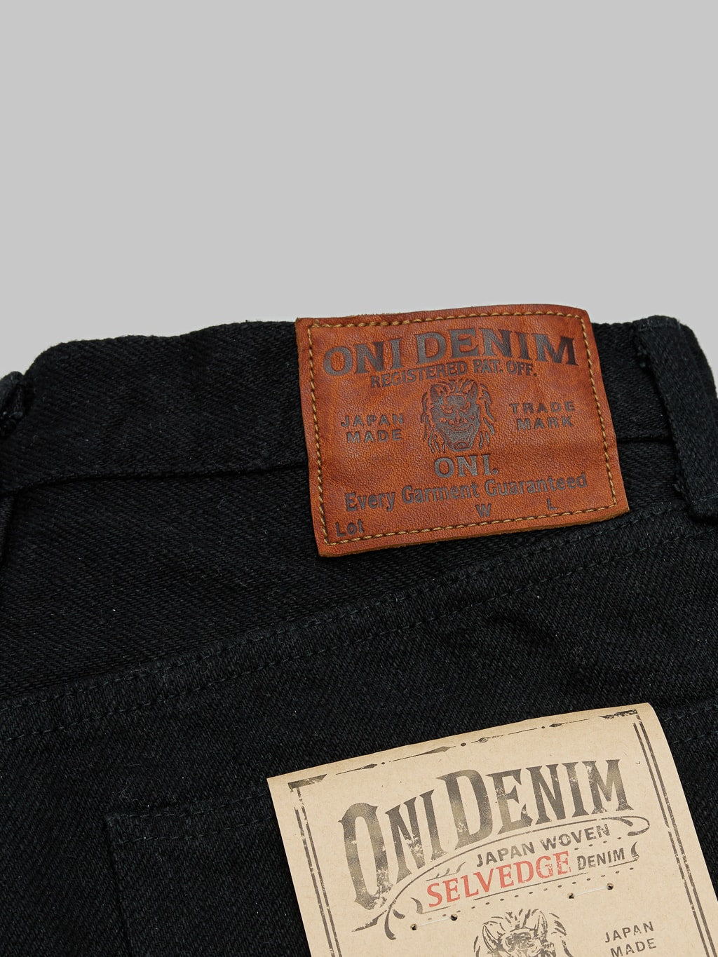 oni denim 622zr bkbk 20oz secret black denim relax tapered leather patch
