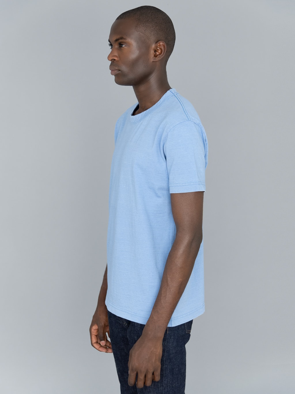 pure blue japan Indigo Jersey Crew Neck Tshirt Pale Indigo side fit