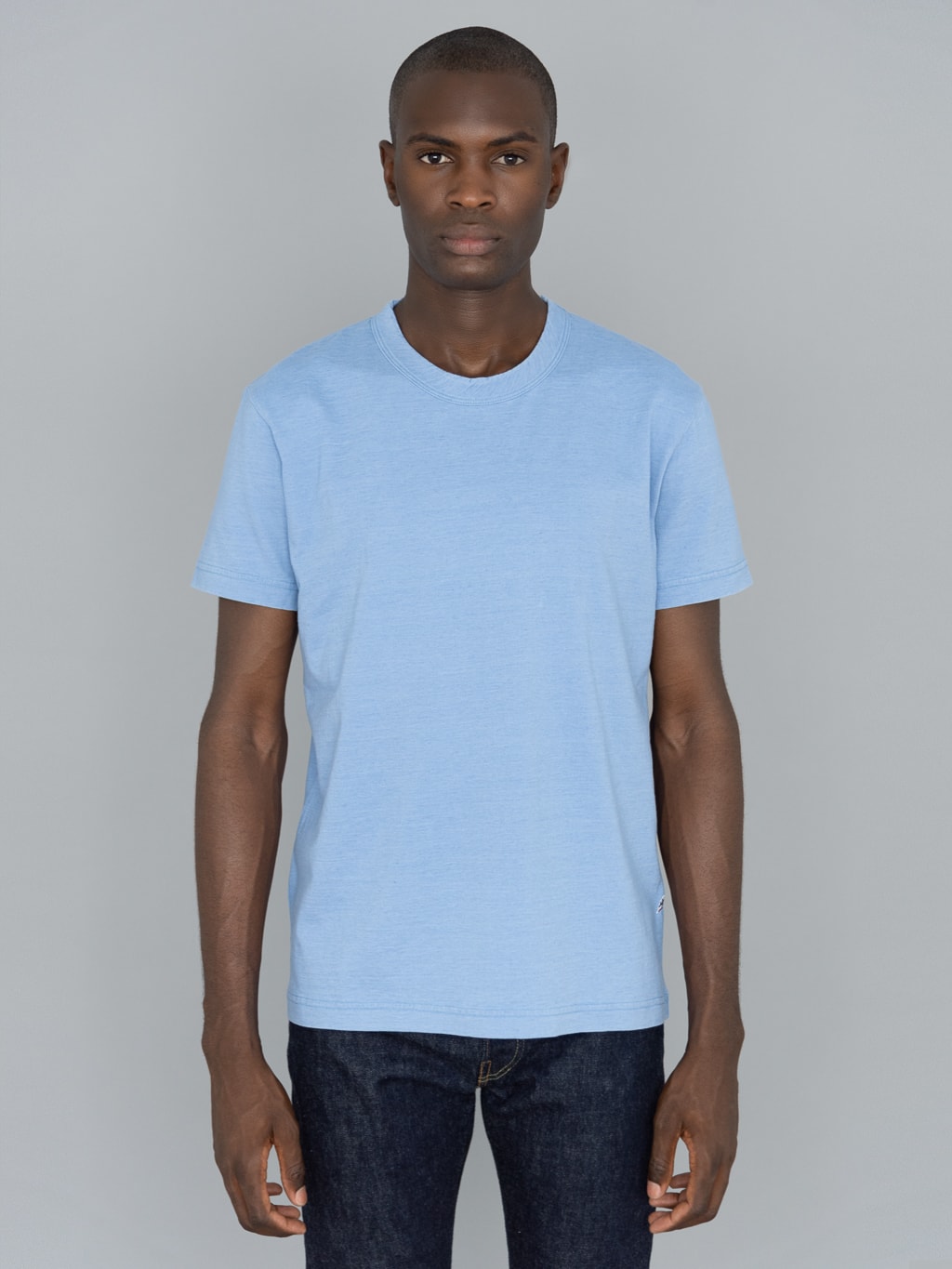 pure blue japan Indigo Jersey Crew Neck Tshirt Pale Indigo front fit