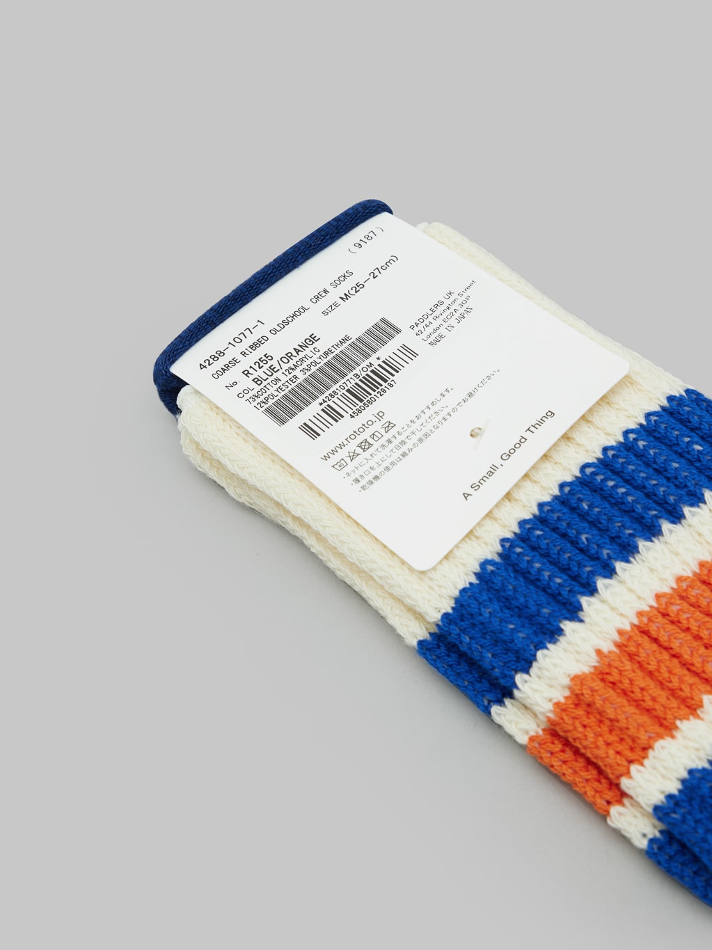 rototo oldschool crew socks blue orange back label details