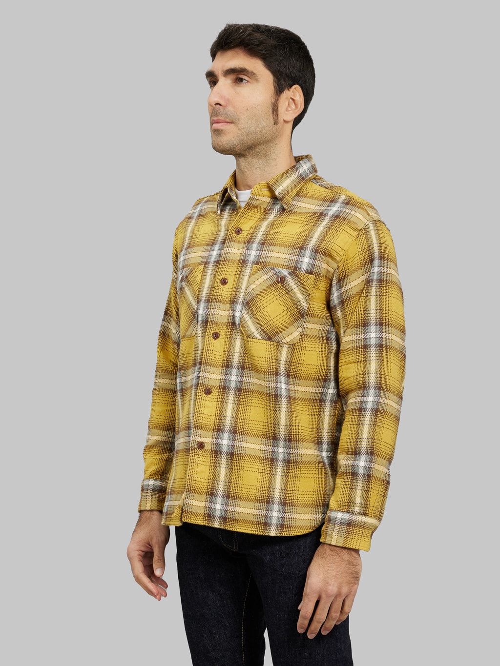 sugar cane twill check work shirt flannel yellow model side fit