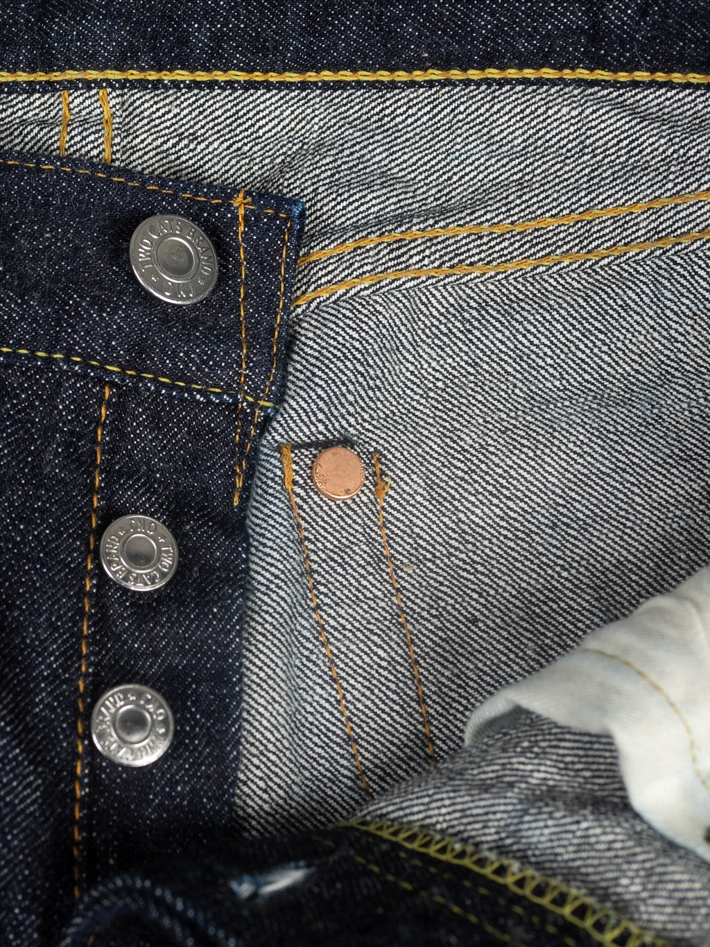 tcb jeans slim 50s selvedge japanese denim buttons closeup