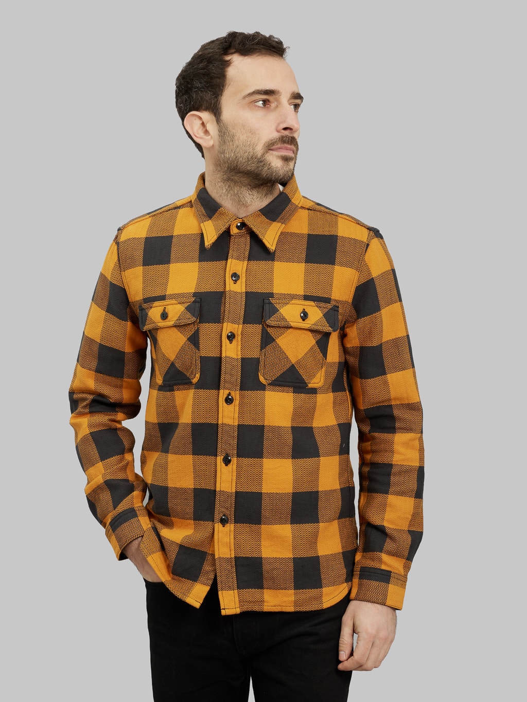 The Flat Head Block Check Flannel Shirt Orange/Charcoal