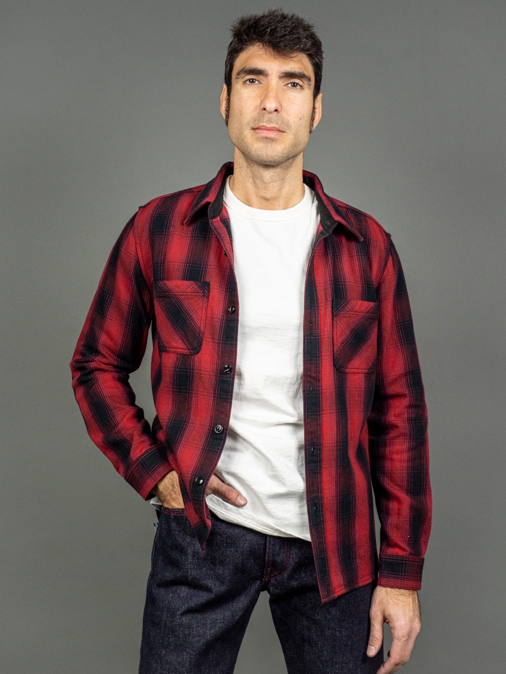 The flat head flannel shirt red work unbottoned fit