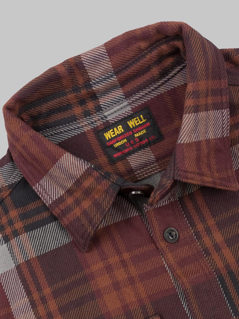 ues extra heavy selvedge flannel shirt wine collar closeup