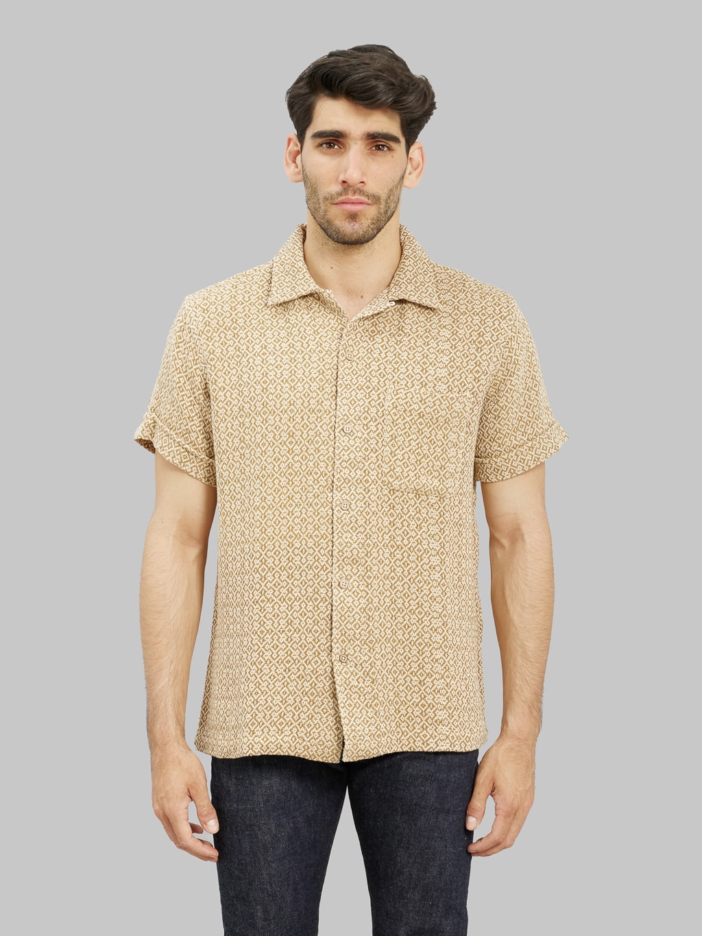3sixteen vacation shirt nutmeg maze jacquard model front fit