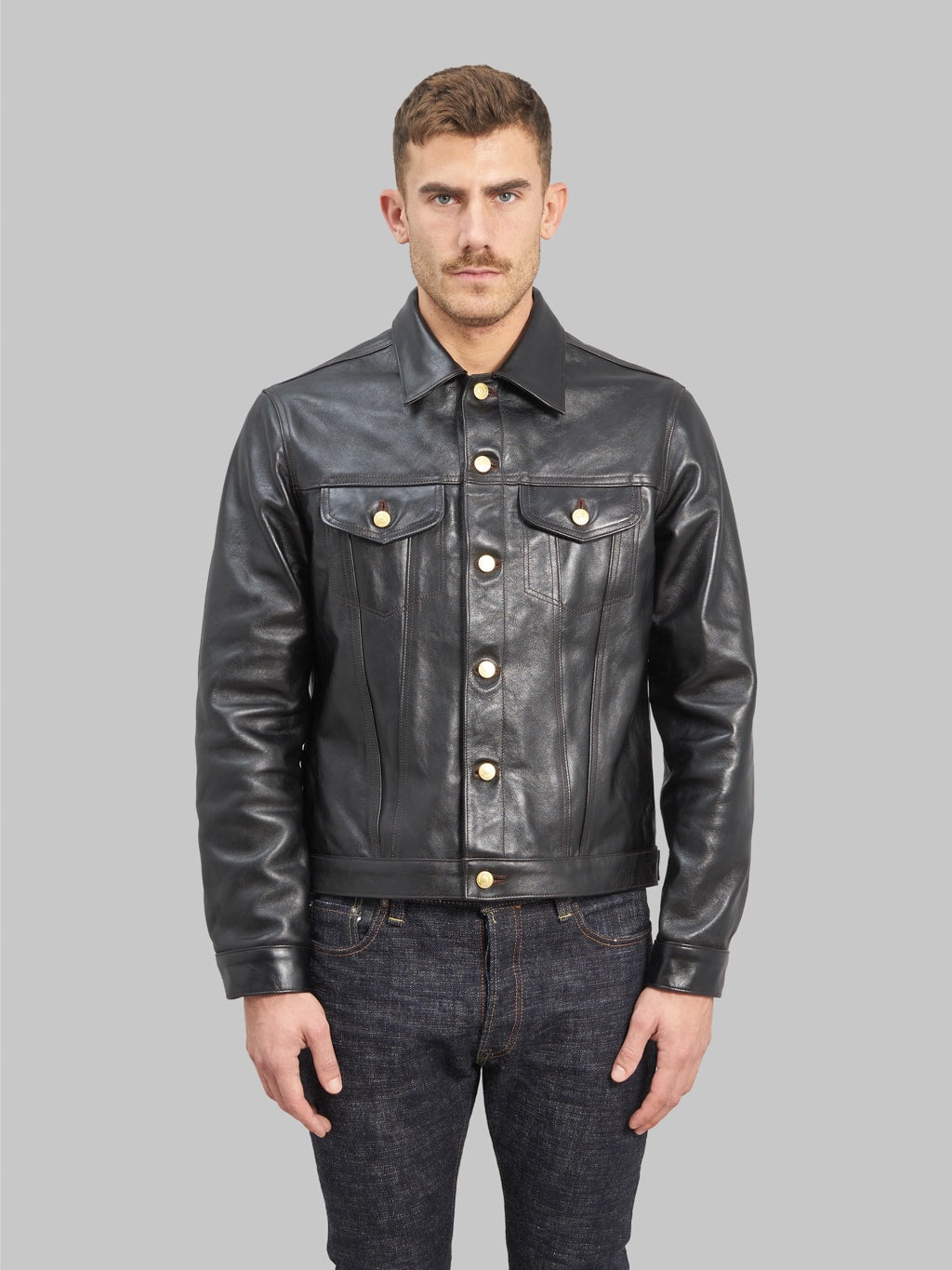 Double Helix Western Pioneer Black Tea Core Horsehide Jacket model front fit