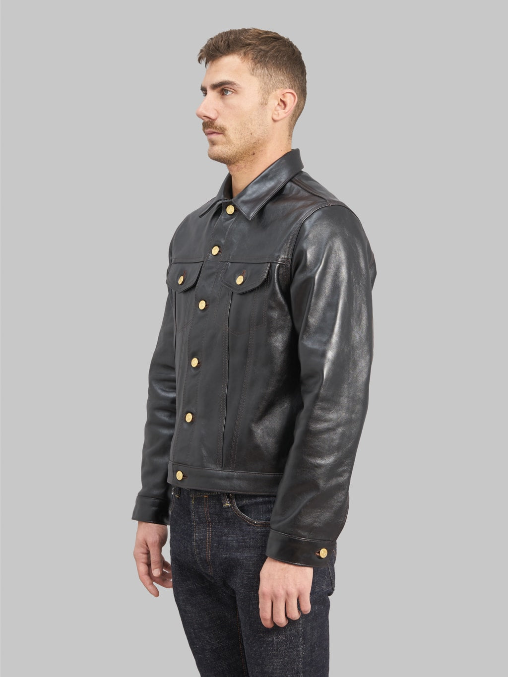 Double Helix Western Pioneer Black Tea Core Horsehide Jacket side fit