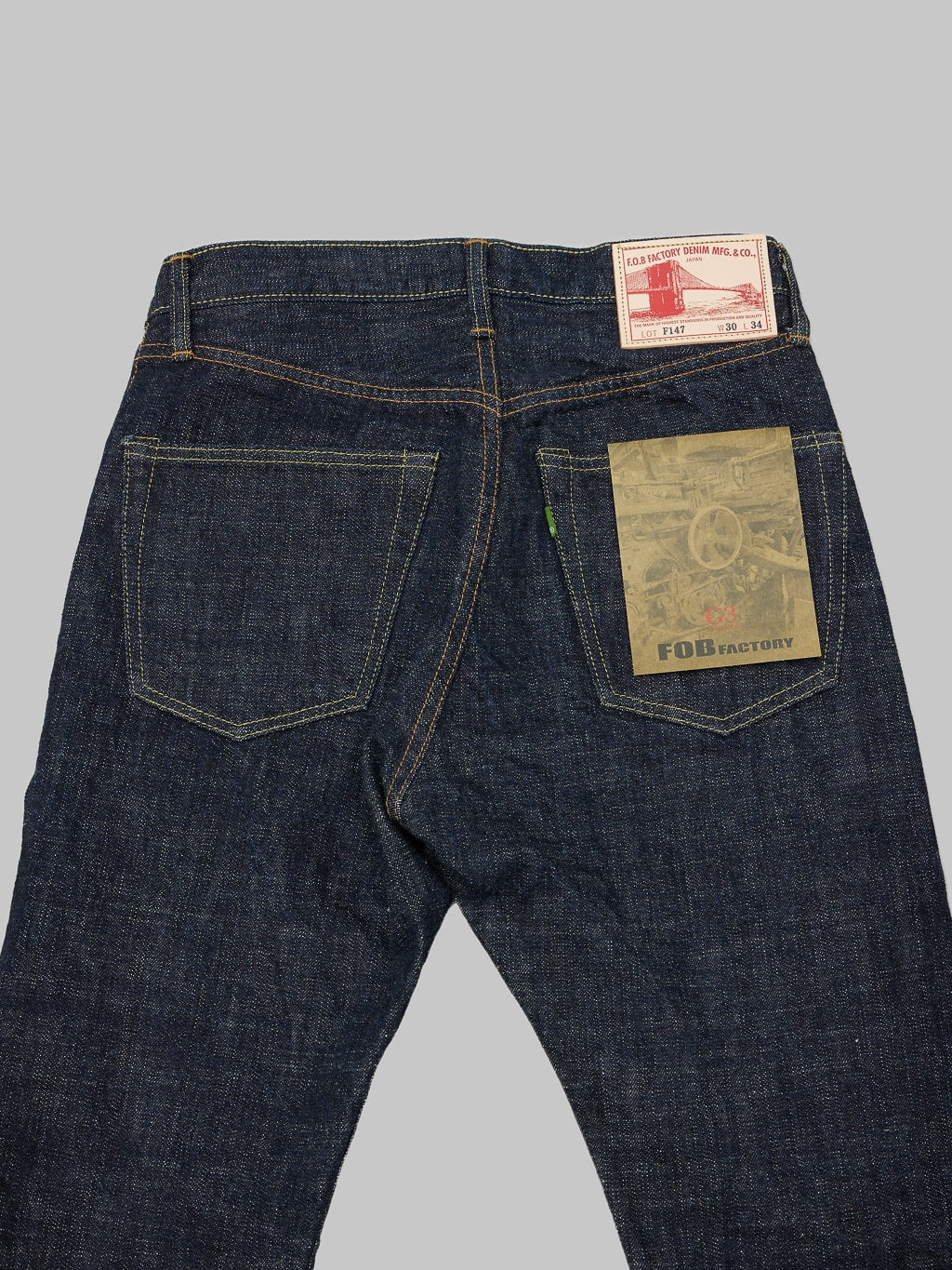 Fob factory slim straight jean back pockets green tab