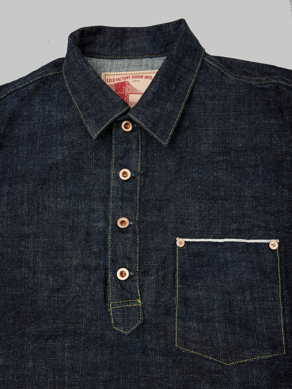 Fob factory denim pullover pocket shirt front buttons view