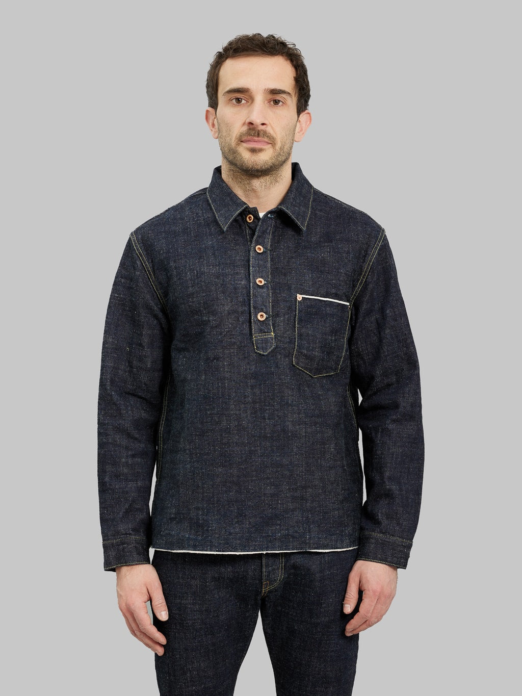Fob factory denim pullover pocket shirt model front fit