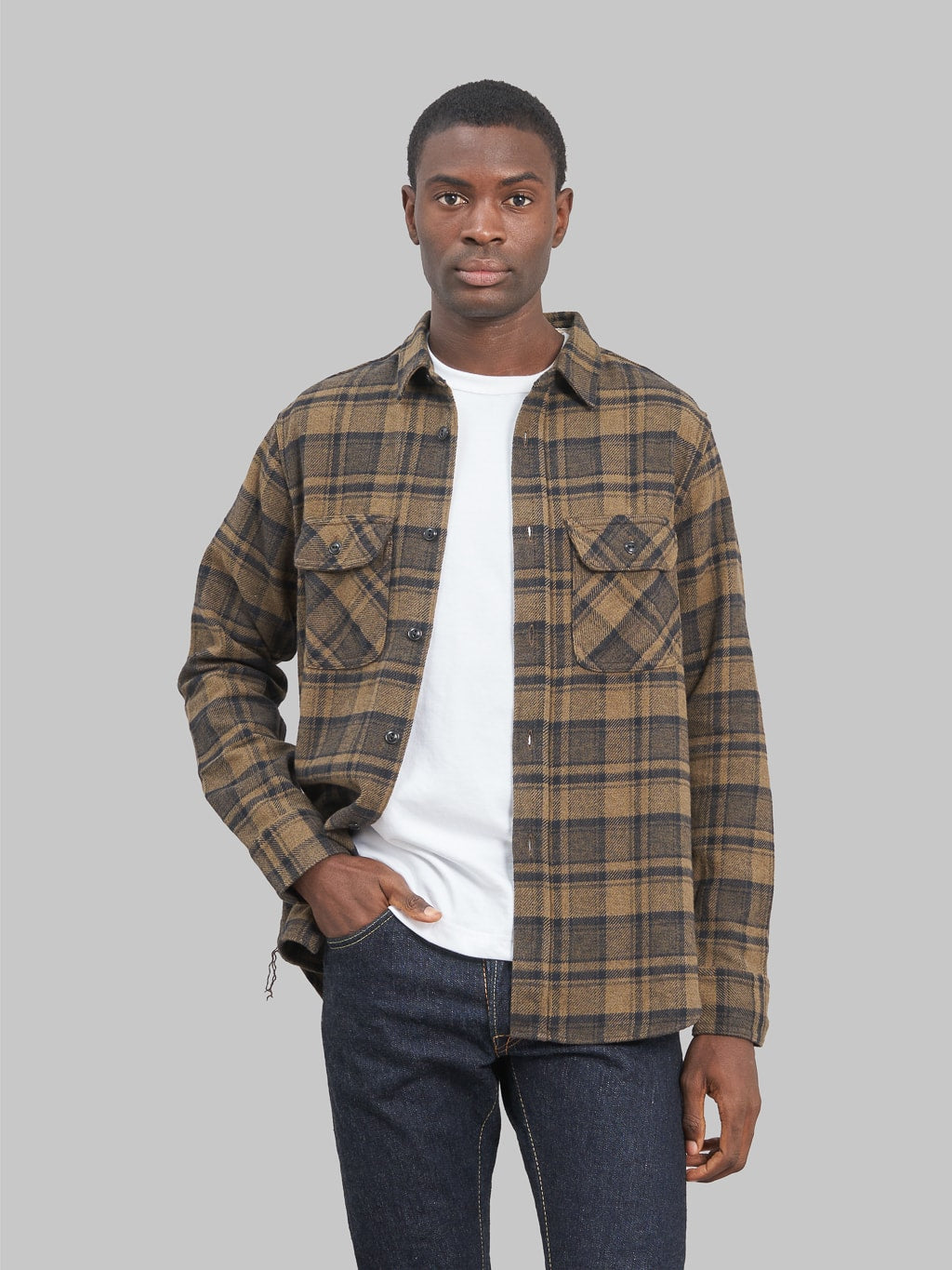 Fob Factory F3497 Nel Check Work flannel Shirt Brown model front look