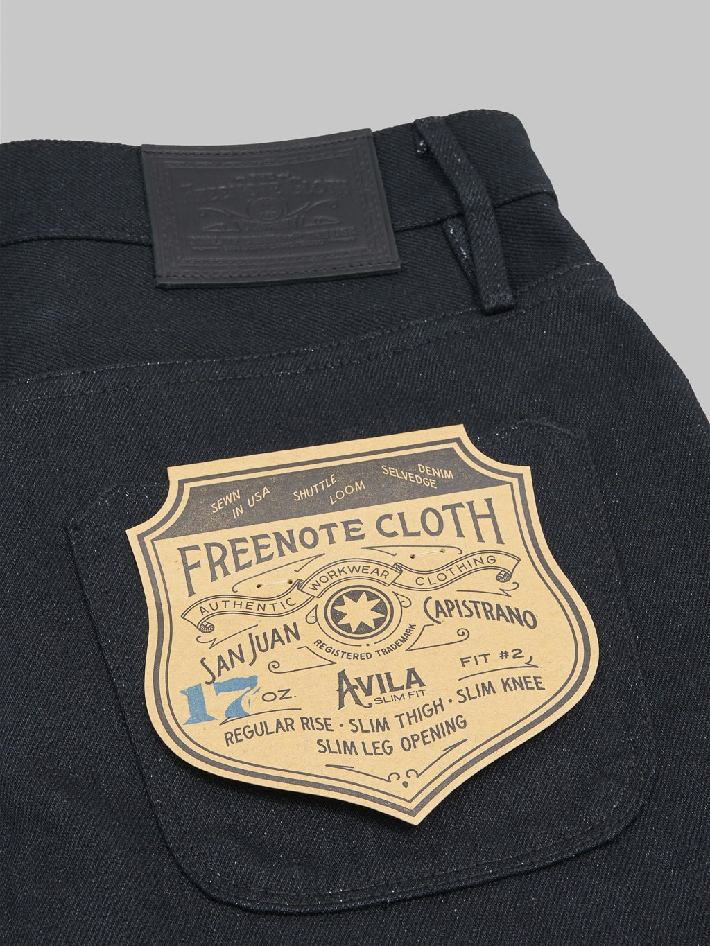 Freenote Cloth Avila 17oz Black Denim Slim Taper Jeans closeup