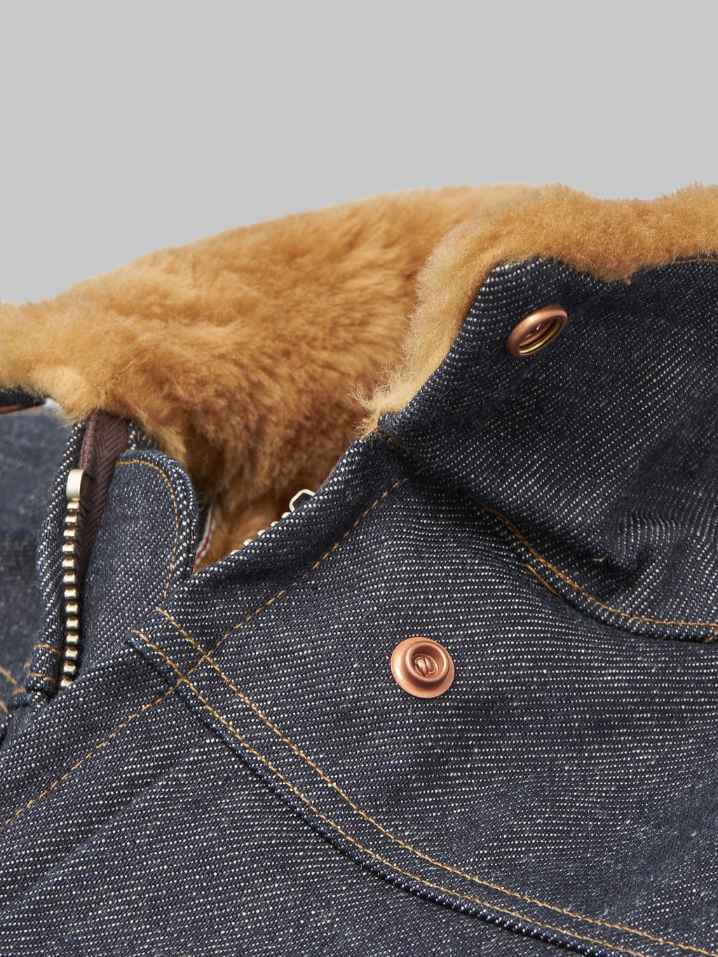 Freenote cloth denim shearling jacket snap buttons collar