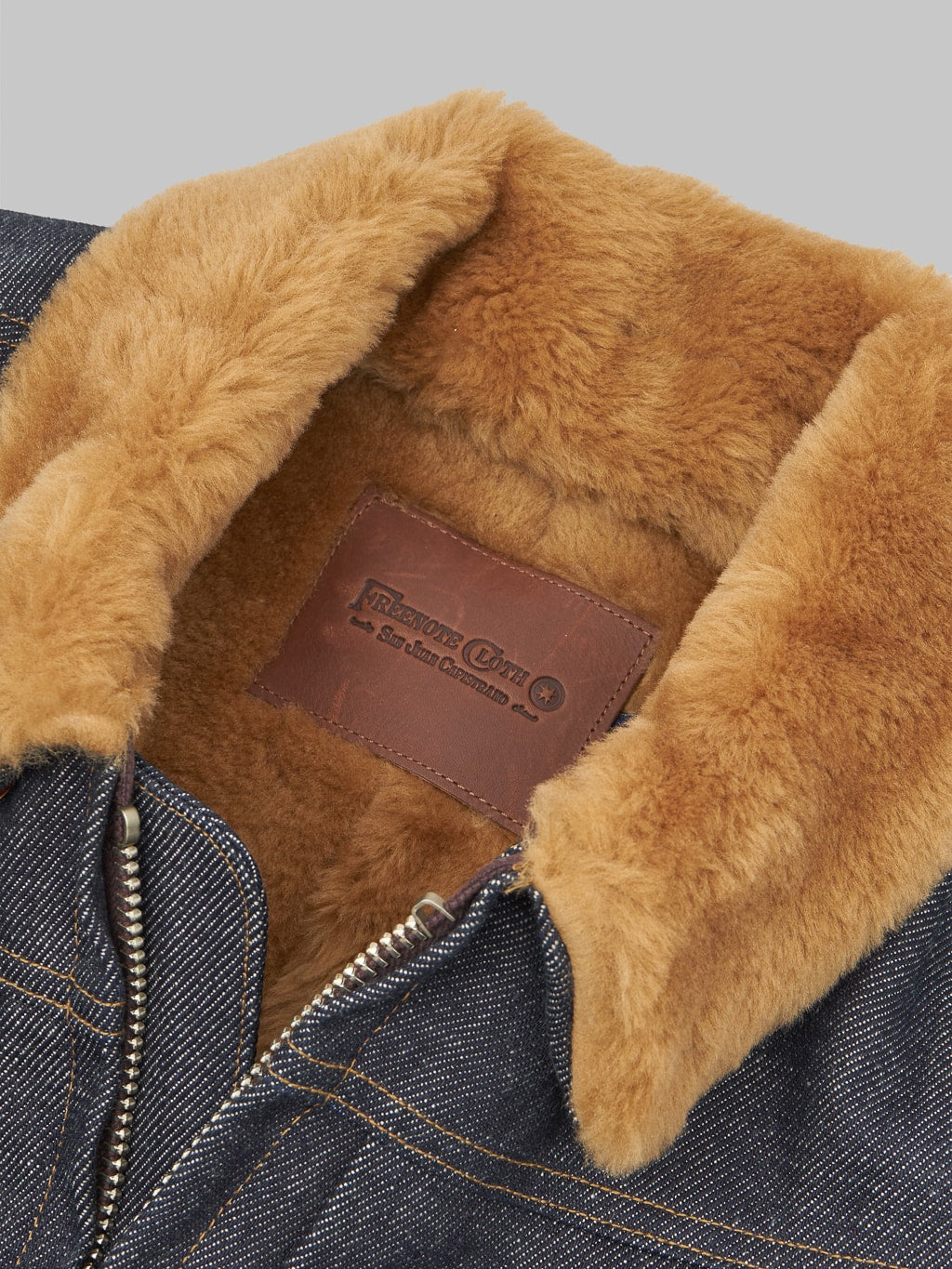 Freenote Cloth Denim Shearling Jacket collar brand leather patch