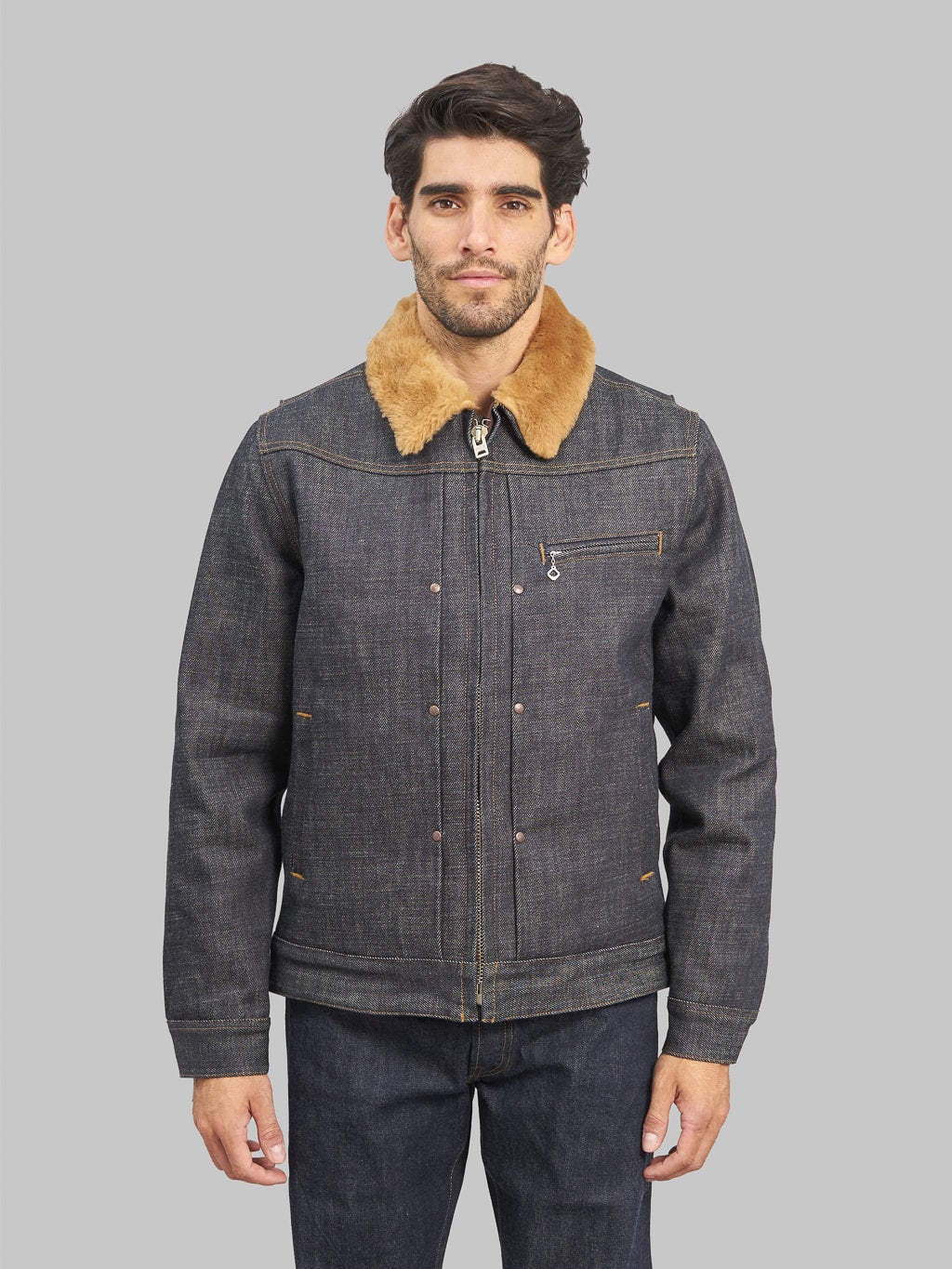 Freenote Cloth Denim Shearling Jacket model front fit