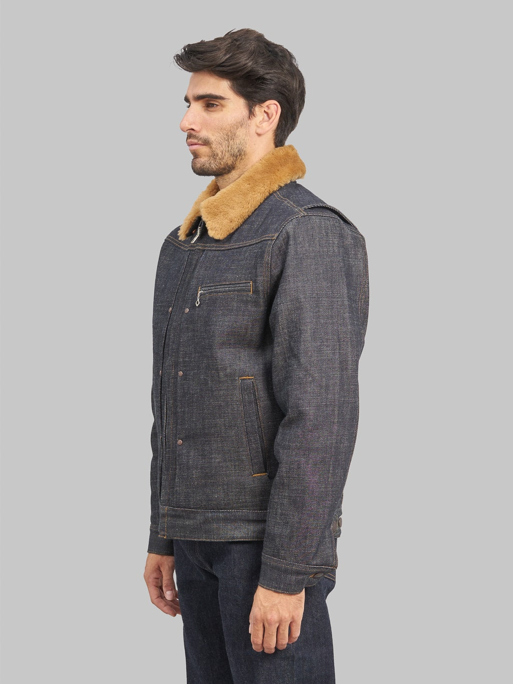 Freenote Cloth Denim Shearling Jacket model side fit
