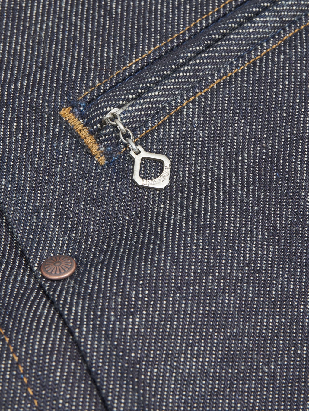 Freenote cloth denim shearling jacket zip pocket detailed view