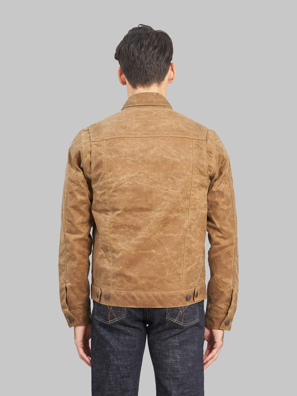 Freenote Cloth Riders Jacket Waxed Canvas Rust model back fit