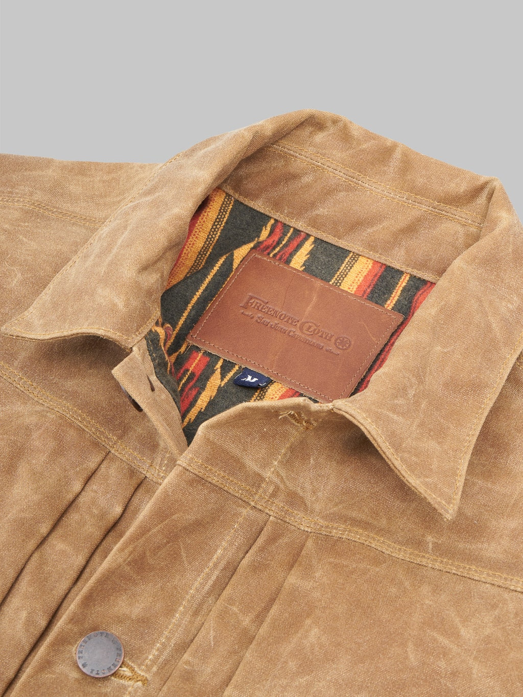 Freenote Cloth Riders Jacket Waxed Canvas Rust collar closeup