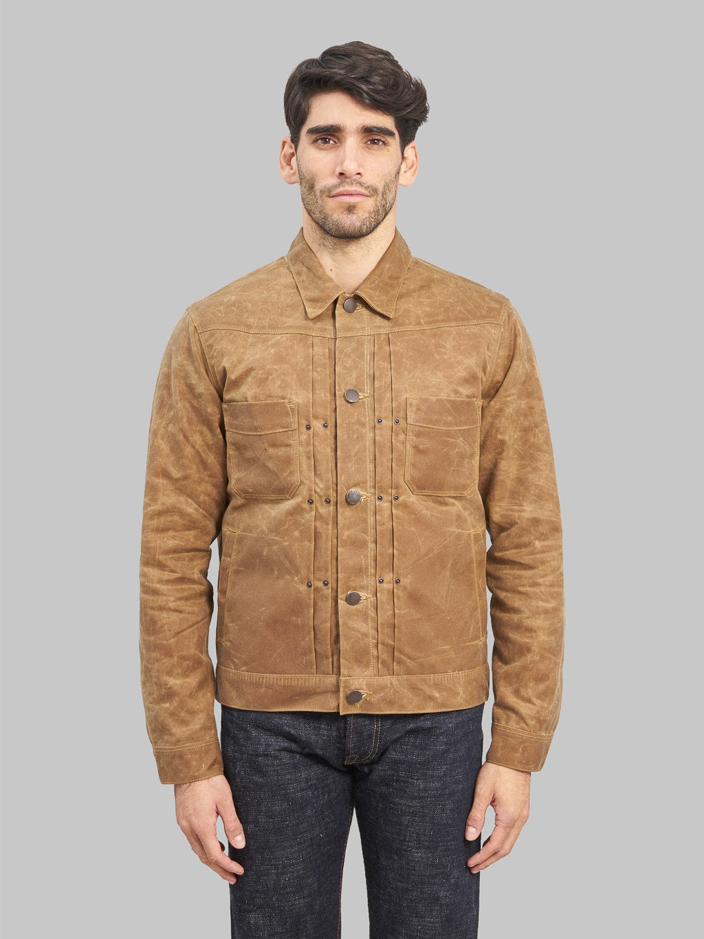 Freenote Cloth Riders Jacket Waxed Canvas Rust model front fit