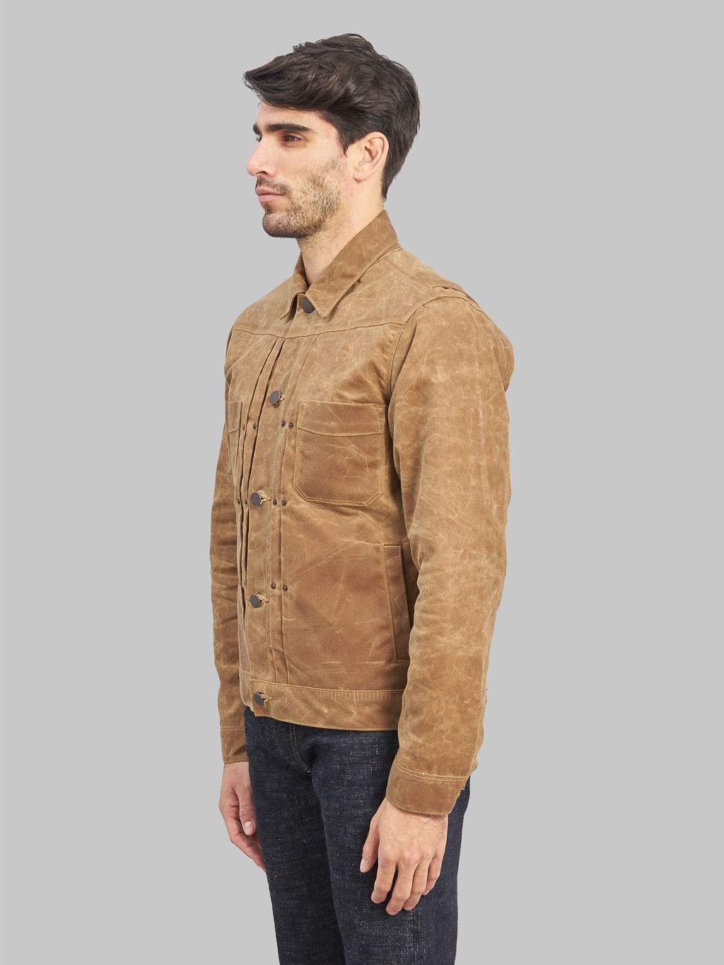 Freenote Cloth Riders Jacket Waxed Canvas Rust model side fit