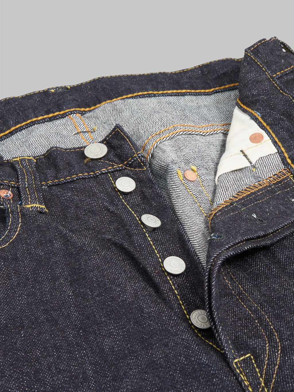 Fullcount 0105XW Wide Straight selvedge Jeans buttons