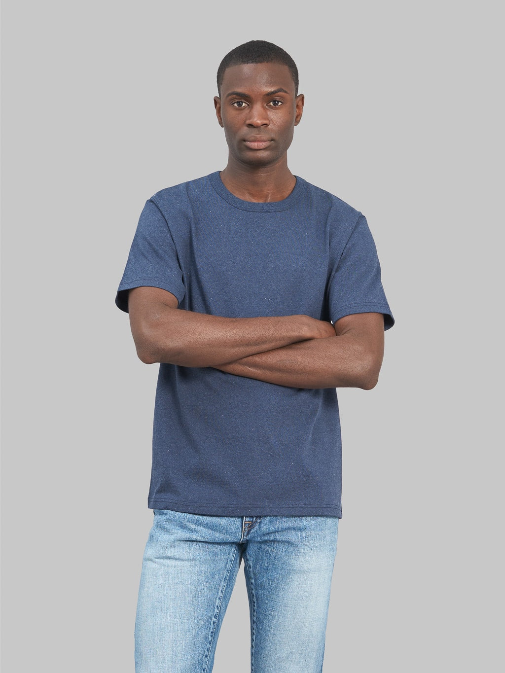 Japan Blue Recycled Denim Tshirt Dark Indigo model front  look