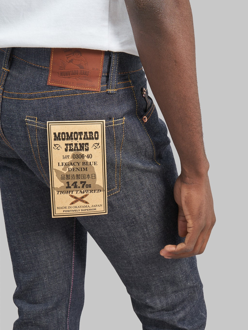 Momotaro 0306 40 Legacy Blue Tight Tapered Jeans back pocket details