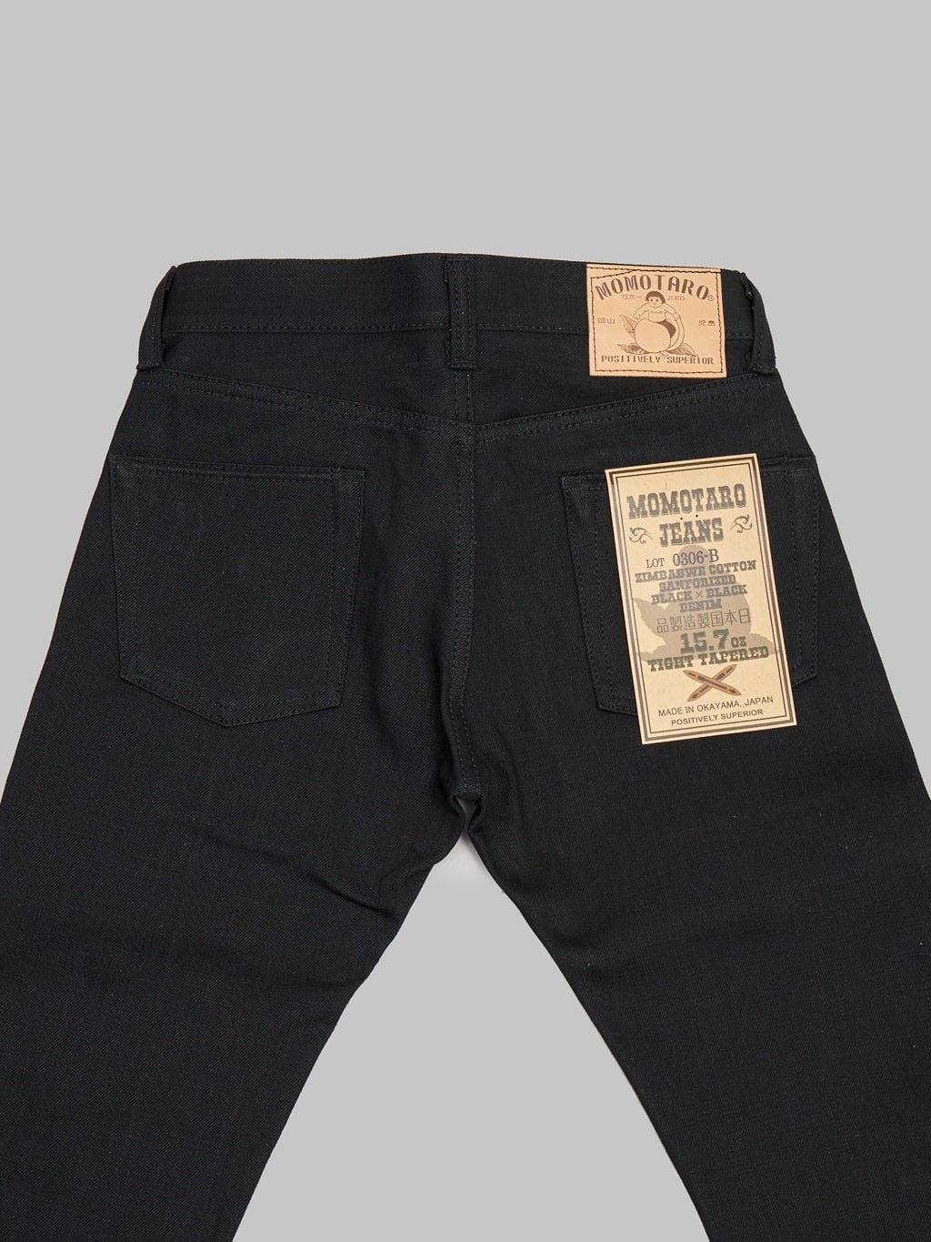 Momotaro 0306B Black x Black Tight Tapered Jeans  back details