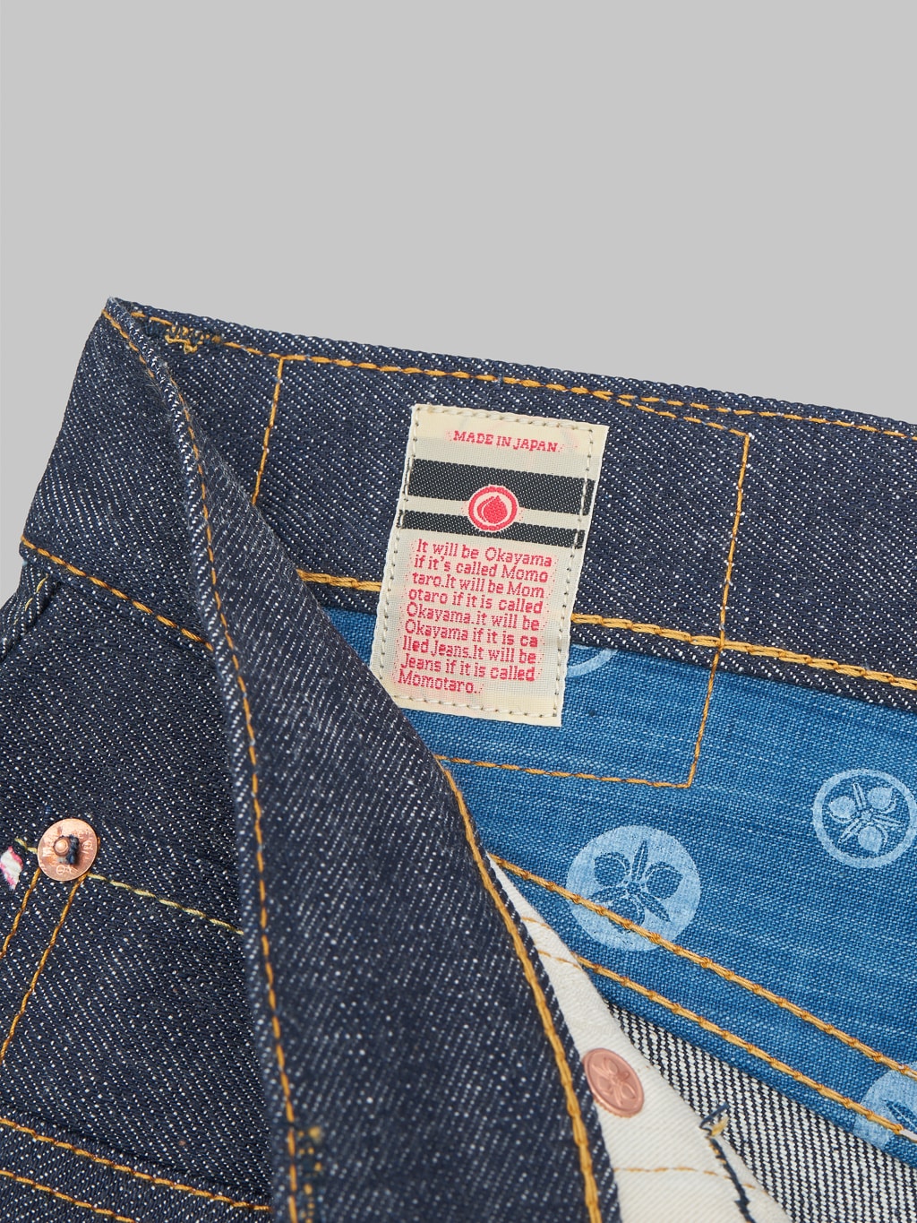 Momotaro legacy blue high tapered jeans brand interior tag