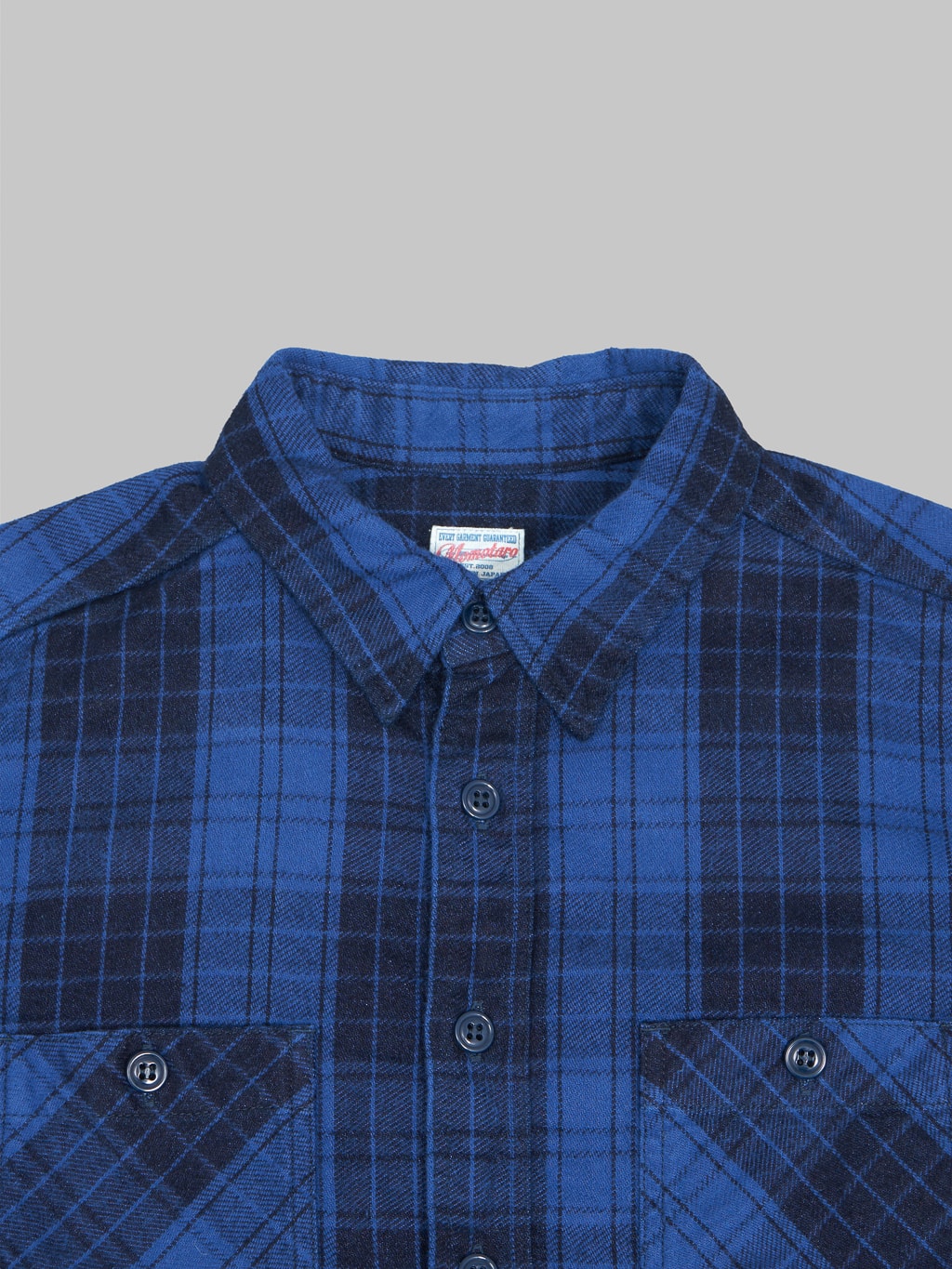 Momotaro original indigo twill check flannel shirt collar buttoned