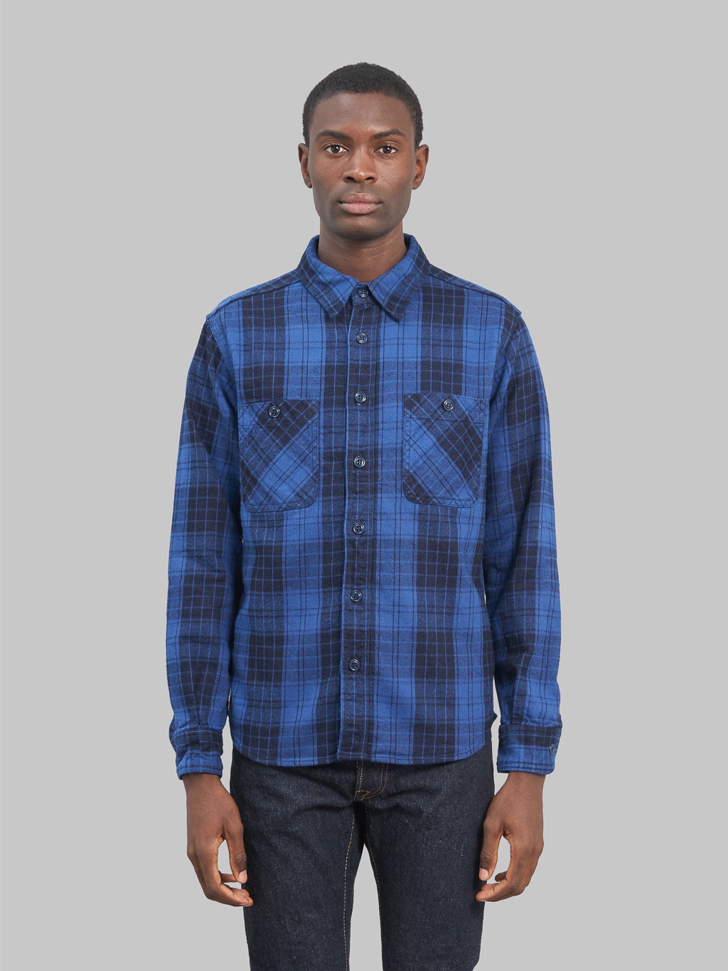 Momotaro original indigo twill check flannel shirt model front fit